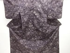 雲に草花模様織り出し手織り紬単衣着物